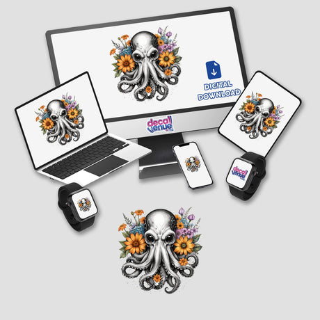 Detailed artistic octopus portrait with sunflower and floral accents on various digital devices and products from Decal Venue store.