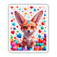 A Cute Fennec Fox With Love Hearts, featuring a fox surrounded by colorful hearts, available as stickers or digital artwork. Perfect for adding charm to any surface or digital space.