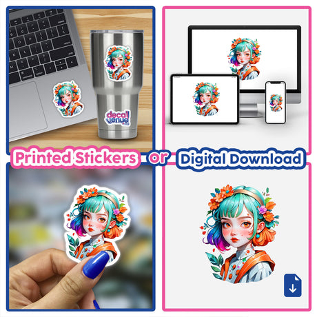 Collage of Eco-Friendly Girl in Haute Couture, Akira Style Surrealism, Orange Vibe stickers and digital artwork featuring a cartoon girl with colorful hair in various poses.