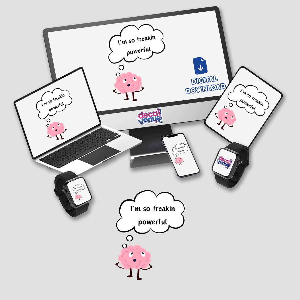 Powerful Brain illustration displayed on a computer monitor and laptop screen, featuring a cartoon brain. Available as stickers or digital artwork from Decal Venue.