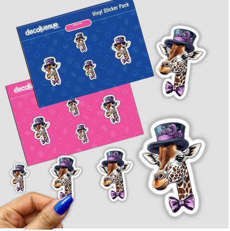 Giraffe Wearing a Purple Top Hat and Matching Bow Tie stickers, featuring cartoon giraffes adorned with hats. A hand holds one sticker from the pack. Available as stickers or digital artwork.