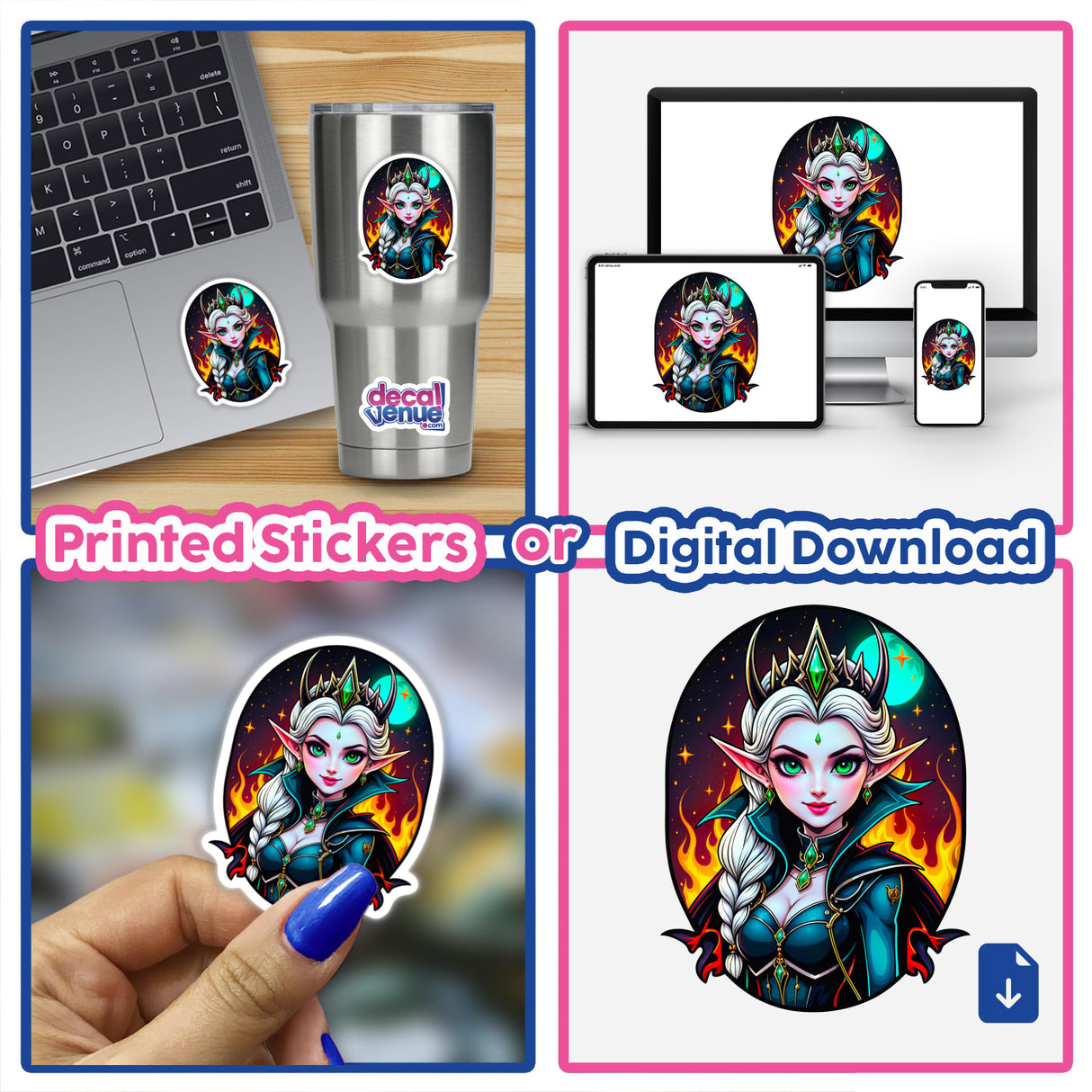 An Evil Queen Anime Girl depicted as a cartoon character, available as stickers or digital artwork, featuring a woman with a crown and green eyes, emphasizing her regal and enigmatic allure.