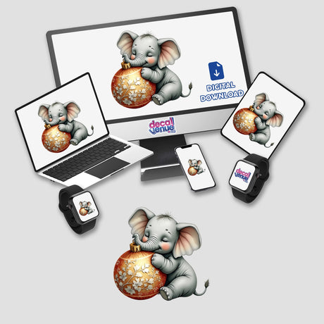 Baby Elephant Sleeping on Christmas Ornament depicted on a computer monitor and laptop, showcasing the adorable design available as stickers or digital artwork from Decal Venue.