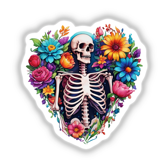 Skeleton heart surrounded by intricate flowers, available as stickers or digital artwork.