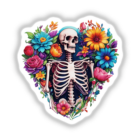 Skeleton heart surrounded by intricate flowers, available as stickers or digital artwork.