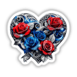 Intricate Silver Blue Heart with Red and Blue Roses, featuring detailed floral designs with silver swirls, available as stickers or digital artwork from Decal Venue.