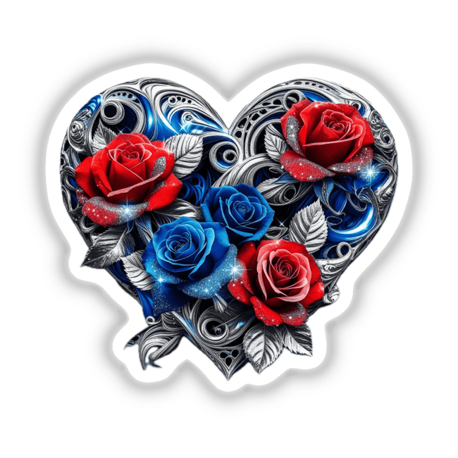 Intricate Silver Blue Heart with Red and Blue Roses, featuring detailed floral designs with silver swirls, available as stickers or digital artwork from Decal Venue.