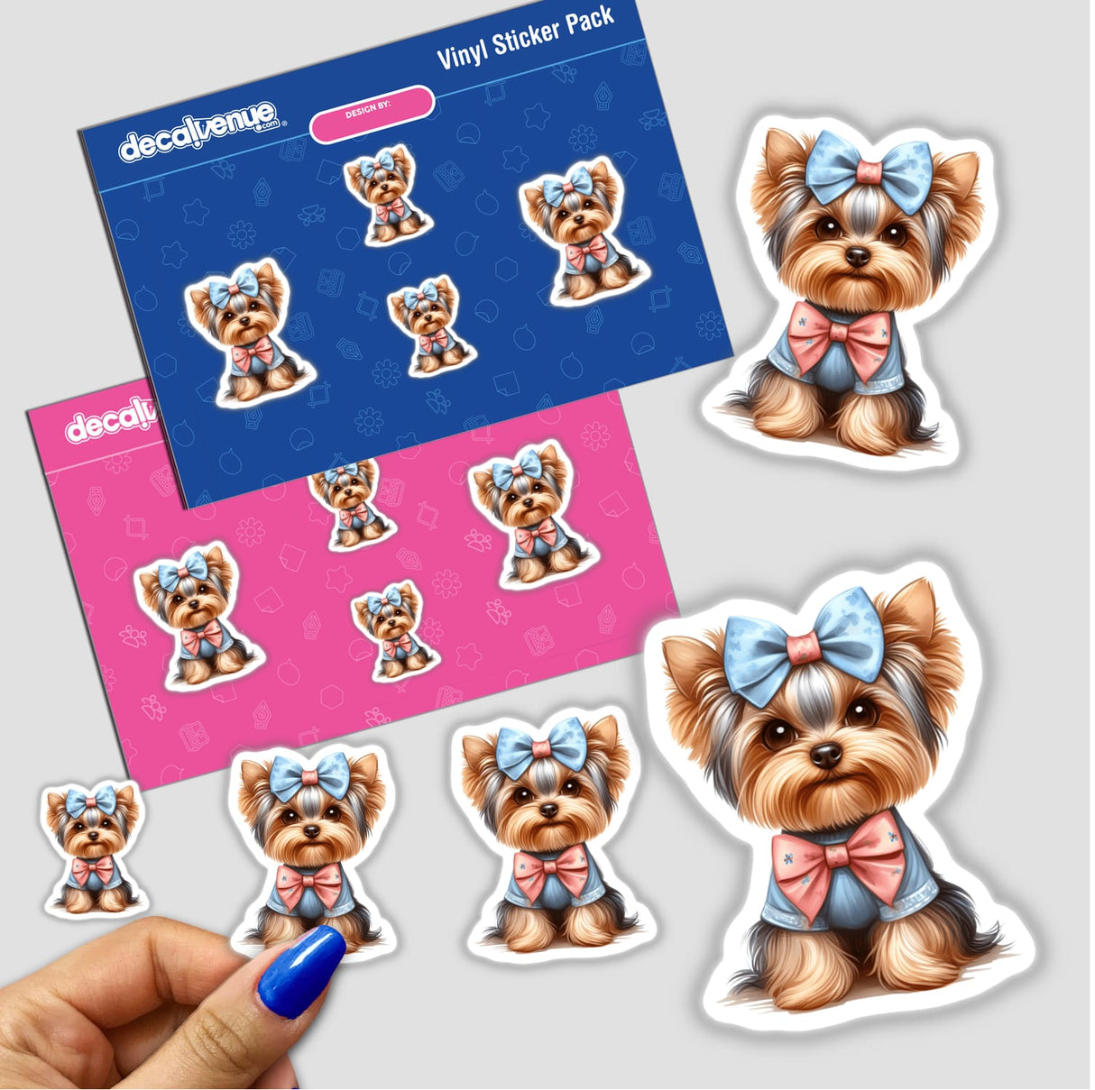 Adorable Yorkshire Terrier with bows in stylish vinyl sticker pack from Decal Venue, featuring various poses and accessories for the cute Yorkie dog.