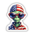 Patriotic alien in American-flag-themed sunglasses and attire, depicted in a whimsical digital art style.