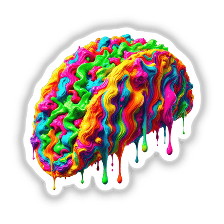 Neon Drip Taco – Psychedelic Food Art features a vibrant, abstract depiction resembling a brain with colorful, flowing patterns. Available as stickers or digital artwork, perfect for unique artistic expression.