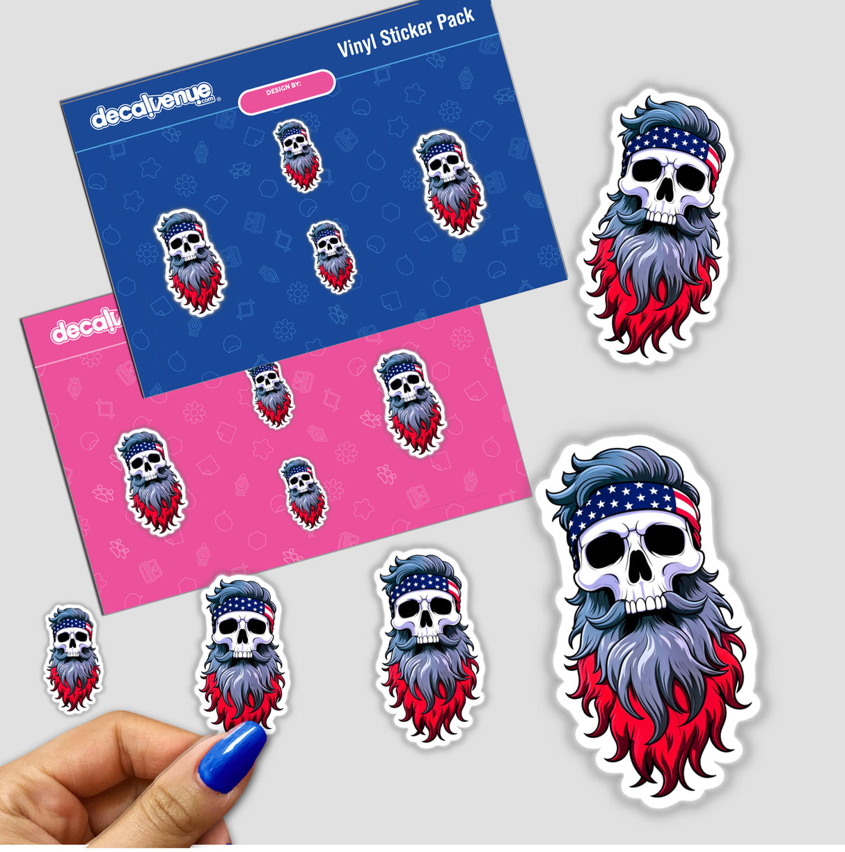 Sticker of a cartoon skull with a beard wearing an American flag bandana, held in hand, available as a Cool Skull With An American Flag Bandana from Decal Venue.