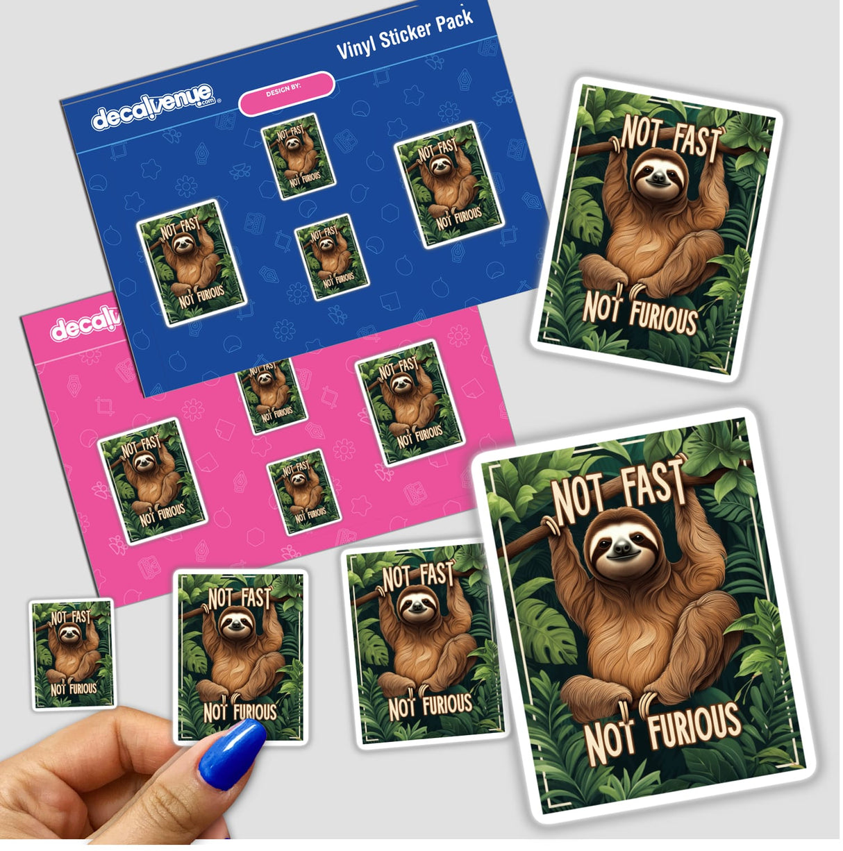 Playful Sloth “Not Fast, Not Furious” Quote Amidst Tropical Foliage, featured on stickers showcasing sloths in various playful poses, available as unique vinyl stickers or digital artwork.