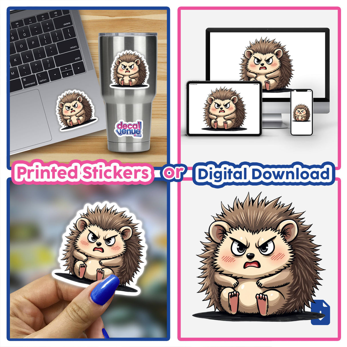 Cute Angry Hedgehog Cartoon featured as a collage of stickers and digital art, including close-ups of a finger holding a sticker, laptop with sticker, and various cartoon hedgehog illustrations.