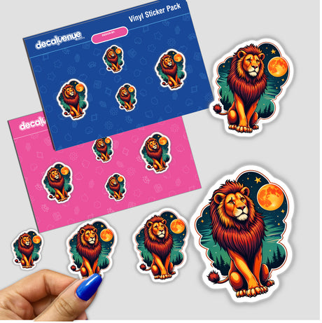 Cool Lion With A Starry Night sticker featuring a cartoon lion surrounded by moons and stars, available as a sticker or digital artwork, showcasing unique graphic design.