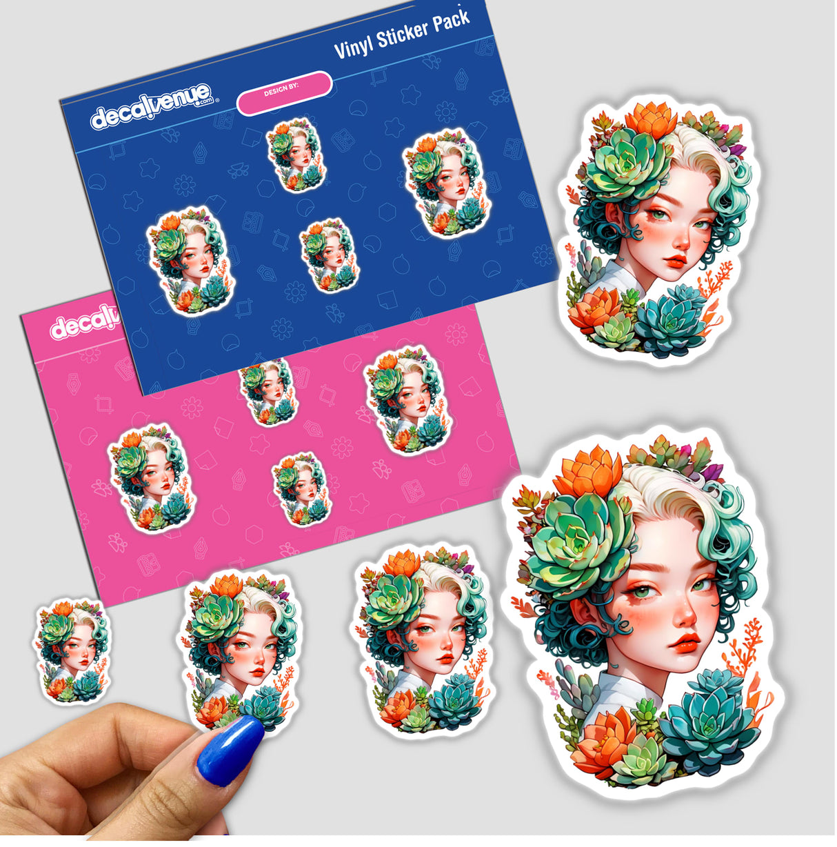 Nature and Beauty Sticker | Woman’s Portrait with Succulent Plants: A sticker featuring a woman's face adorned with succulents and flowers in her hair, embodying the harmony of nature and beauty.