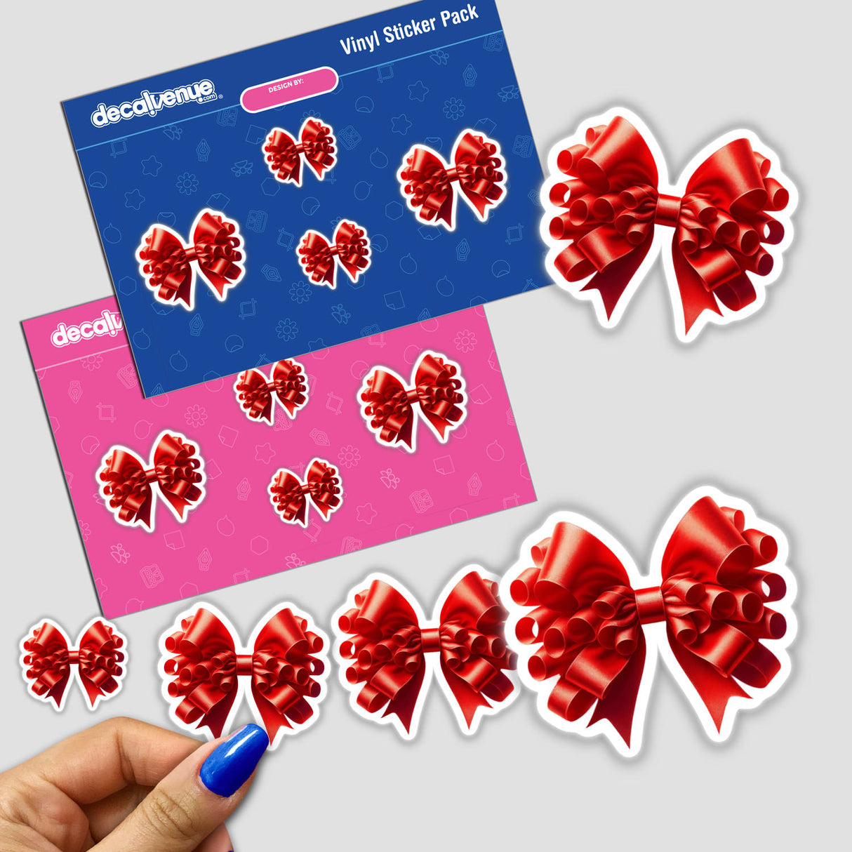 Fancy Christmas Red Coquette Bow - Digital artwork stickers on a Decal Venue product page, showcasing a collection of red bow-shaped decals.