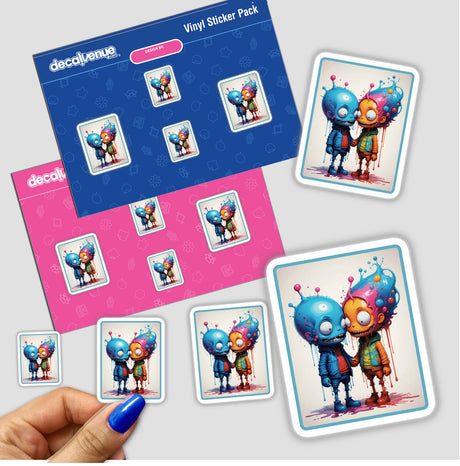 Splash Art Alien Invasion Alien Relationships sticker pack, featuring cartoon characters with colorful hair and playful expressions, held by a hand with blue nail polish. Available as stickers or digital artwork.