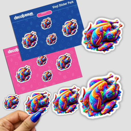 Psychedelic Swirled Turkey sticker held by a hand, featuring a vibrant abstract Thanksgiving poultry design, available as a unique sticker or digital artwork.