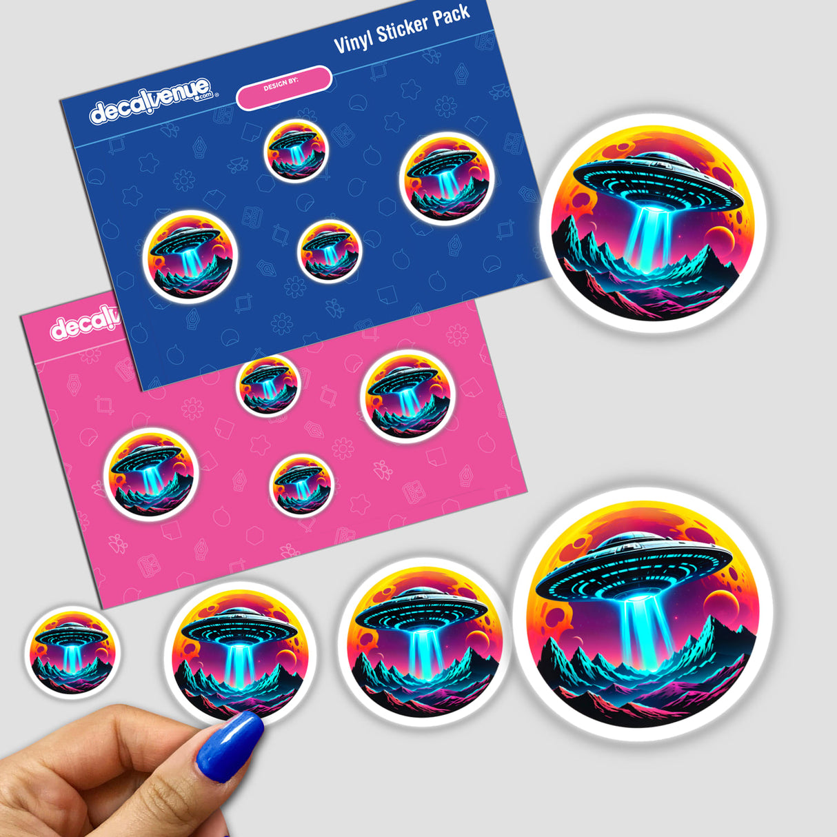 A UFO In Space sticker featuring a UFO hovering against a cosmic backdrop, available as both a sticker and digital artwork.