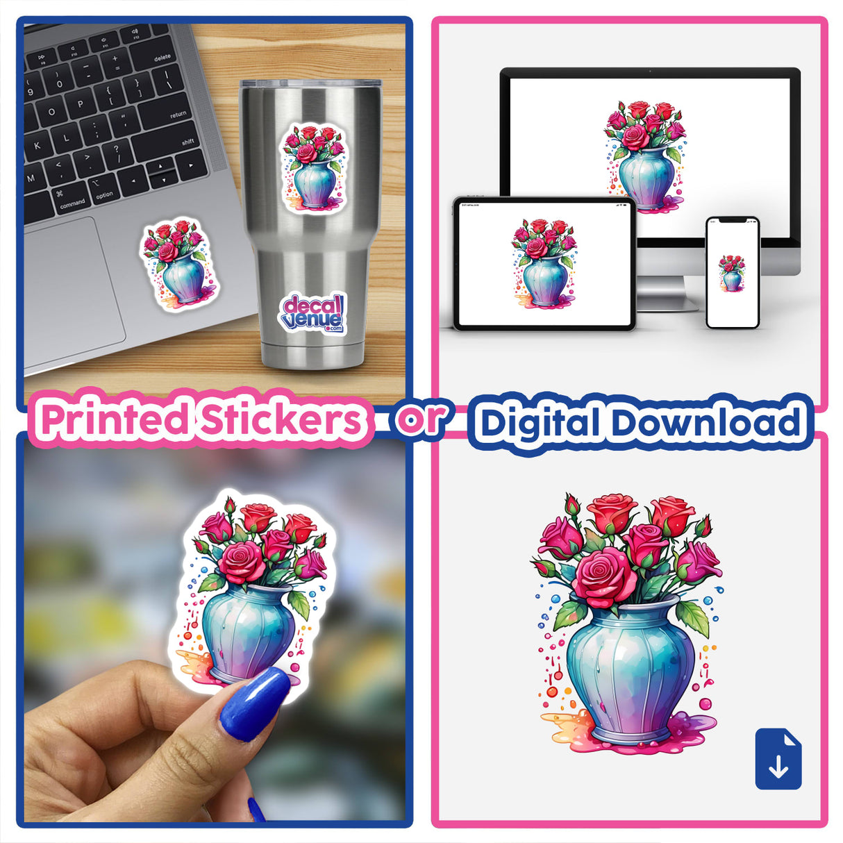 Collage featuring a laptop with a Crimson Roses: Floral Splash Vase Sticker, showcasing vibrant roses.