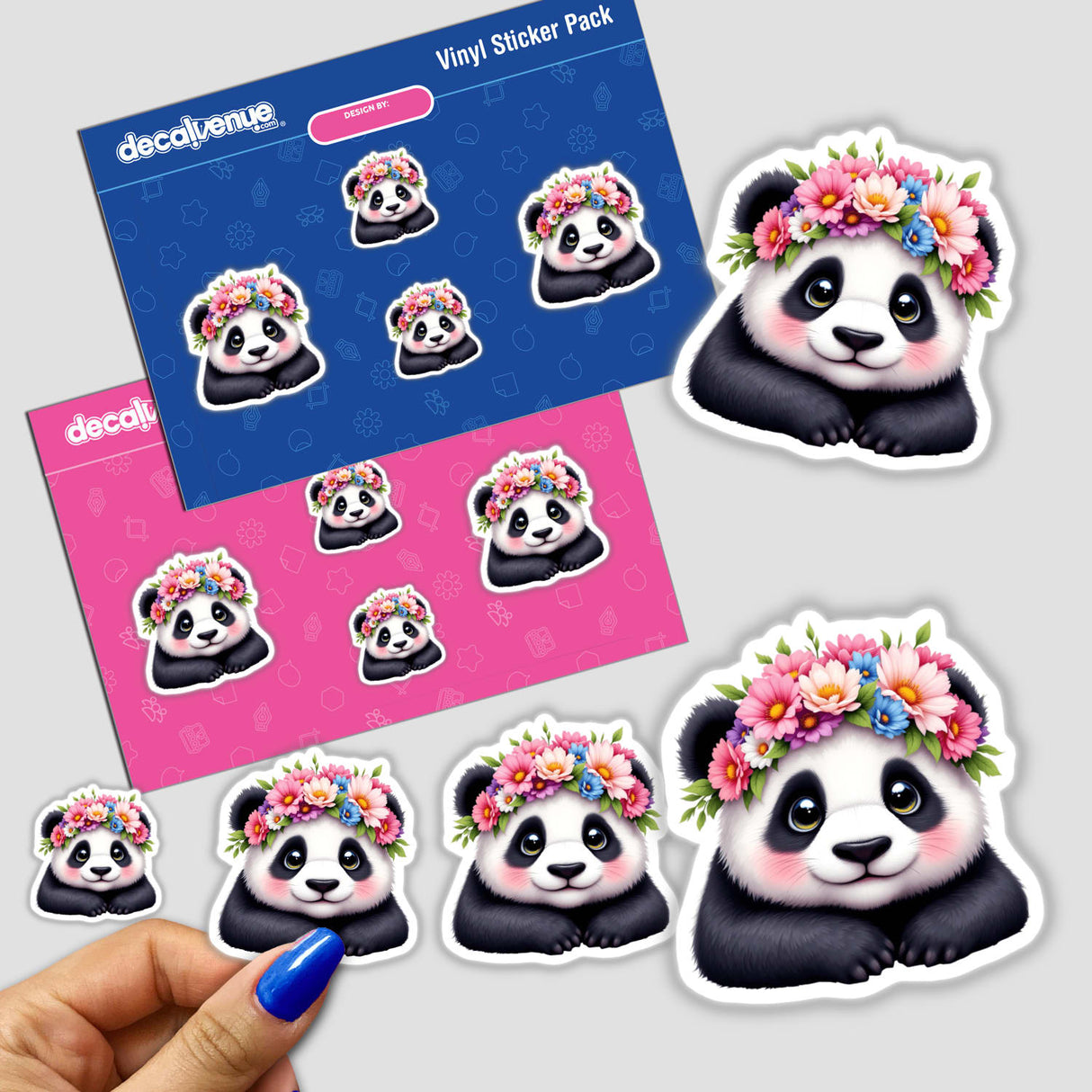 Sweet Panda Wearing a Flower Crown sticker pack, featuring cartoon pandas adorned with floral crowns. A hand holds one sticker, highlighting the product's intricate design, perfect for decoration or digital use.