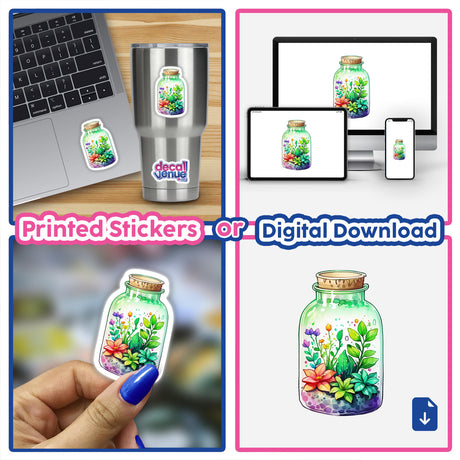 Enchanted Chibi Greens: Magic Plants in a Clear Glass Bottle, depicted as stickers and digital artwork, featuring a glass jar filled with whimsical flowers and leaves.