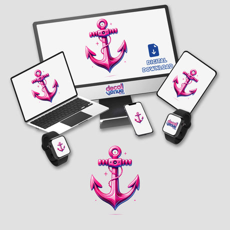 Pink Anchor for Hope and Stability: A computer monitor and laptop both display a pink anchor image, available as stickers or digital artwork from Decal Venue.