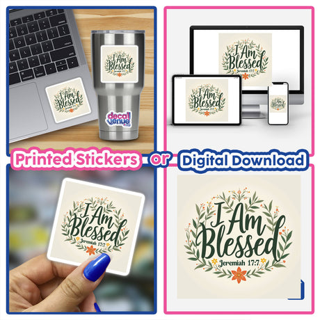 Collage featuring the I Am Blessed - Jeremiah 17:7 faith-based sticker. Highlights floral design elements, suitable for laptops or as clipart, available with commercial rights.