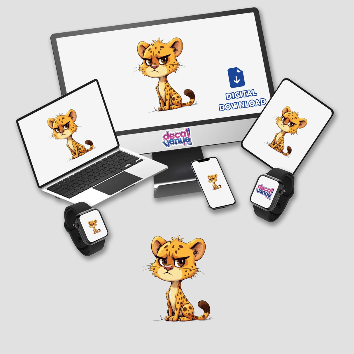 Cute Grumpy Cartoon Leopard Sitting on various devices, including a laptop and smartwatch, available as stickers or digital artwork from Decal Venue.