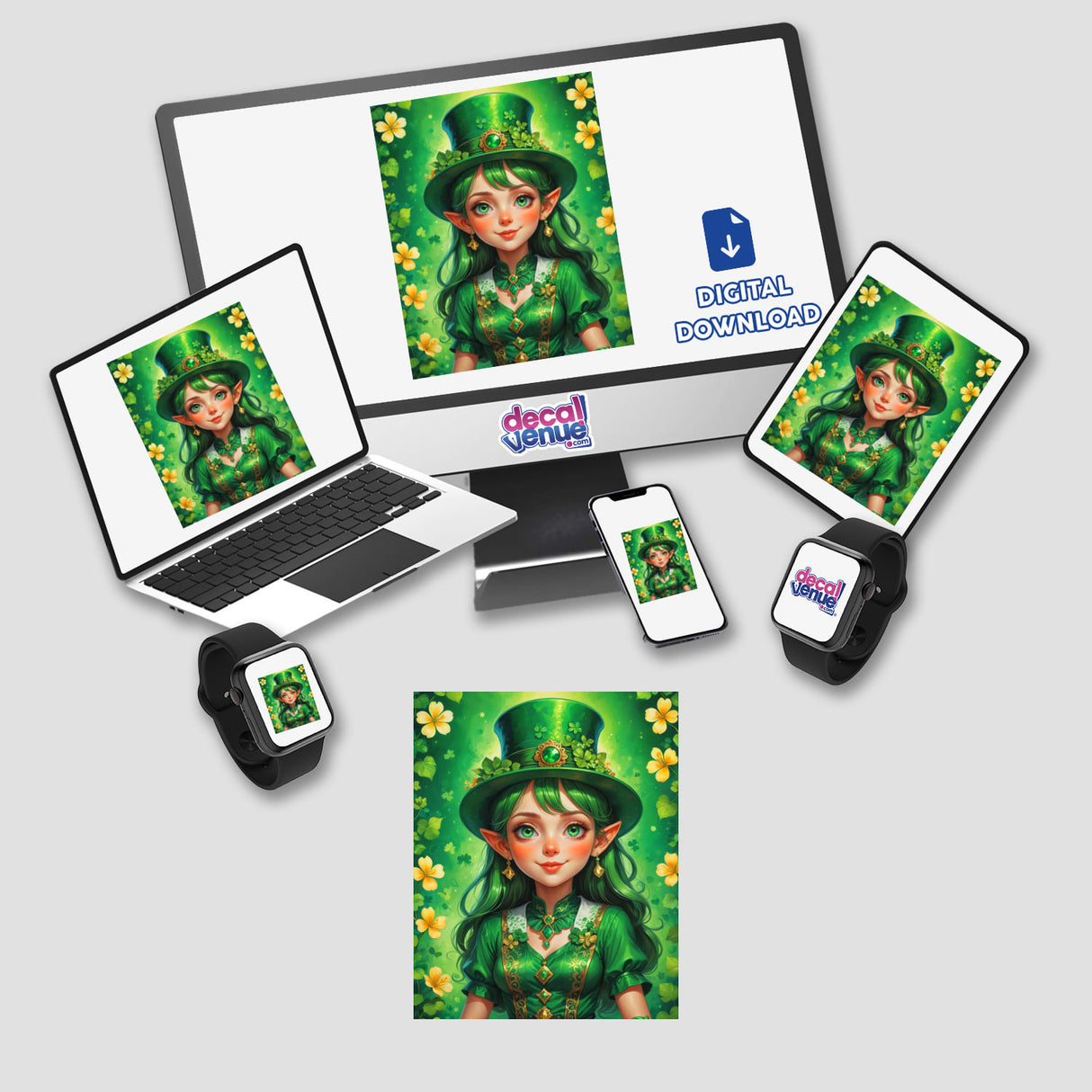 A Cute St. Patrick's Day Girl cartoon is displayed on a computer monitor and laptop, available as vinyl stickers or digital artwork from Decal Venue.