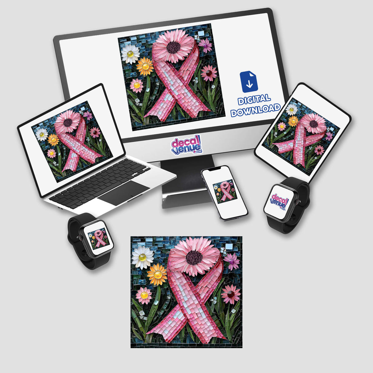 Pink Ribbon with Floral Accents Mosaic displayed on various devices, available as stickers or digital artwork.