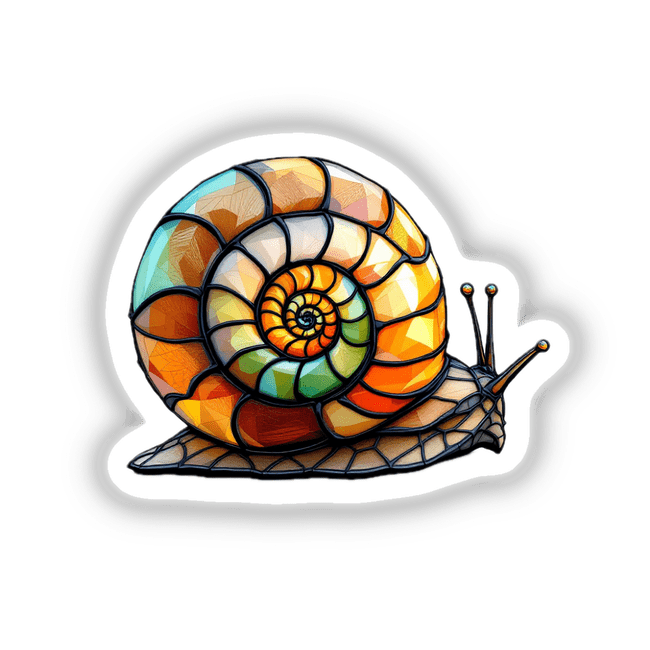 Snail Stained Glass Style sticker or digital artwork featuring a vivid spiral shell design, showcasing intricate stained glass-like patterns.