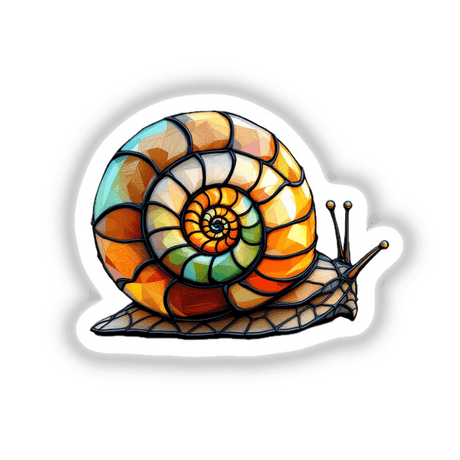 Snail Stained Glass Style sticker or digital artwork featuring a vivid spiral shell design, showcasing intricate stained glass-like patterns.