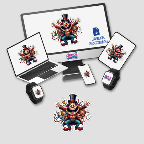 Palhaço Cartolinha digital artwork displayed on a computer monitor and laptop, featuring a cartoon clown and circus characters. Available as unique stickers or digital art from Decal Venue.