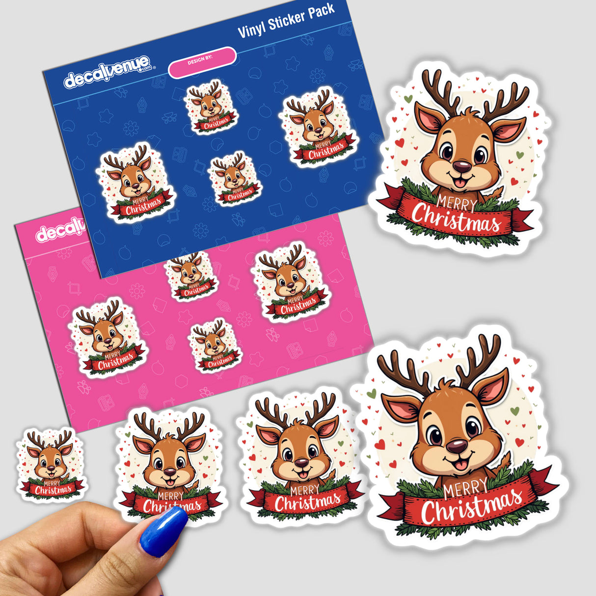 Sticker featuring a Merry Christmas Cute Reindeer Smiling, adorned with a red ribbon, available as both a physical sticker and digital artwork.