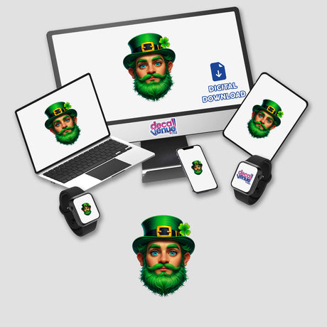 St. Patrick's Day Leprechaun-themed digital artwork featuring a computer monitor and laptop adorned with whimsical green beards and hats, available as stickers or digital art.