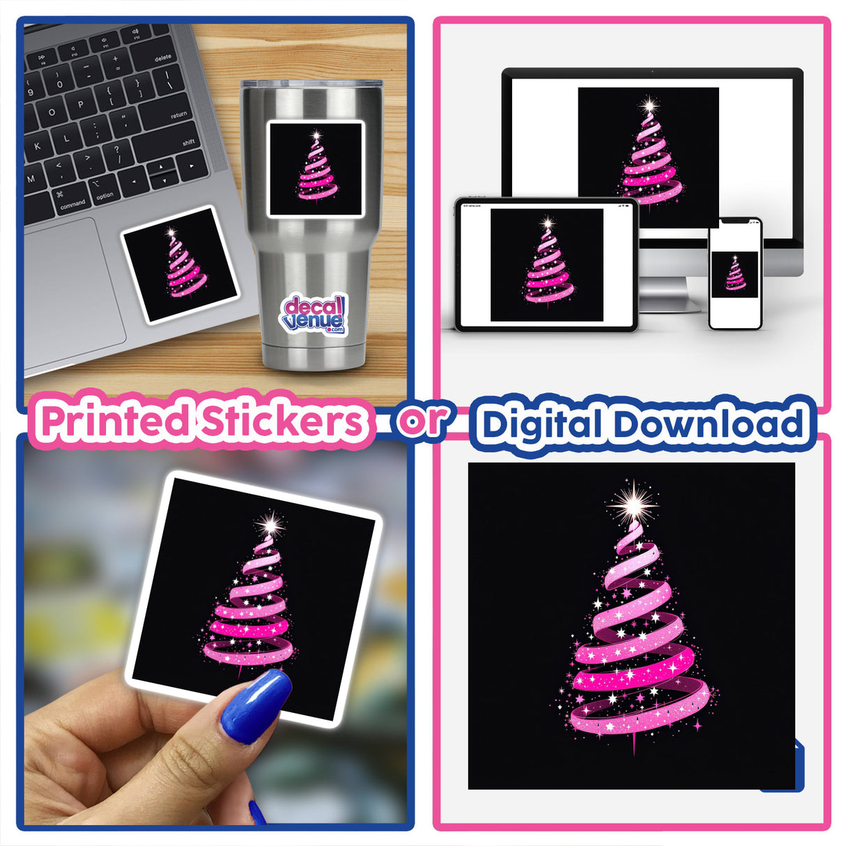 Collage featuring the Pink Ribbon Christmas Tree displayed on a laptop, phone, and as a sticker, showcasing Decal Venue's unique sticker and digital artwork offerings.