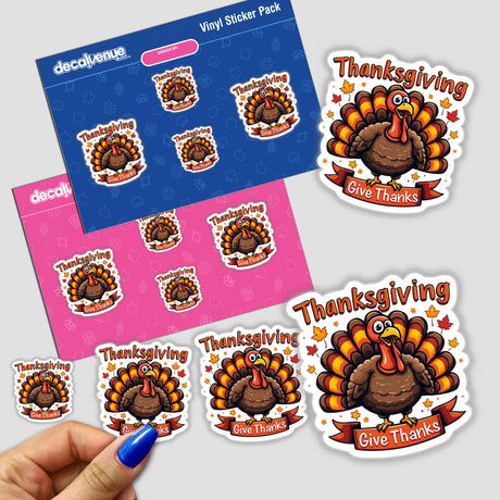 Hand holding a Thanksgiving Give Thanks Turkey Theme sticker pack featuring cartoon turkeys with signs and banners.