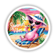 Vibrant digital illustration of a pink flamingo relaxing on a beach chair, surrounded by tropical palm trees and a sunset sky. The flamingo is wearing sunglasses and sipping a cocktail, creating a cheerful "summer vibes" atmosphere.