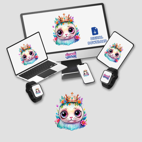 Royal Cutie: Big-Eyed Seal Wearing a Crown displayed on a computer monitor and laptop, available as stickers or digital artwork.