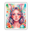 Cute Easter Bunny Girl artwork depicting a woman with bunny ears and flowers in her hair, available as vinyl stickers or digital art, perfect for festive decor at Decal Venue.