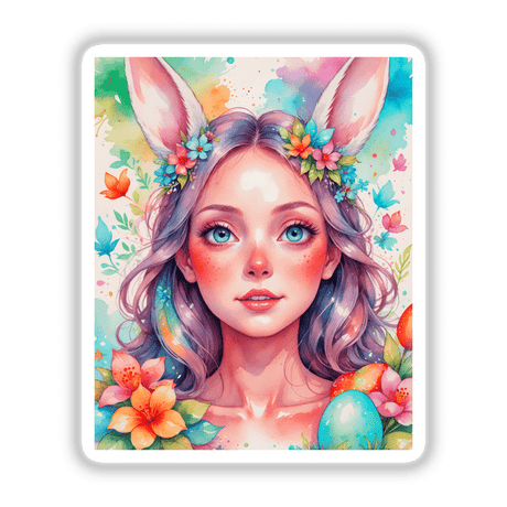 Cute Easter Bunny Girl artwork depicting a woman with bunny ears and flowers in her hair, available as vinyl stickers or digital art, perfect for festive decor at Decal Venue.