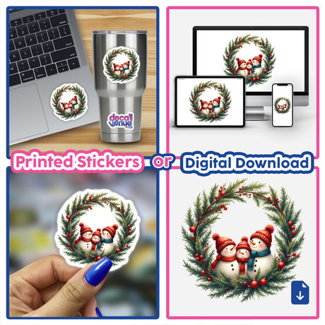 Snowmen Family in a Christmas Wreath collage, featuring stickers and digital artwork options, displayed on various surfaces including a laptop and a monitor, highlighting versatility and festive decor potential.