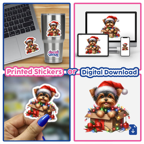 Christmas Lights Santa Yorkie in Gift Box II sticker, featuring a cartoon Yorkie dog wearing a Santa hat surrounded by festive lights, perfect for decorating laptops or as digital artwork.