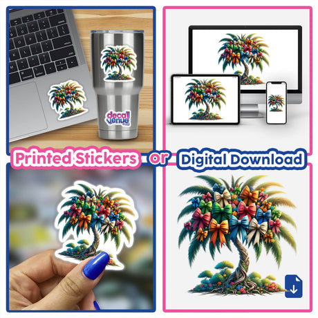 Colorful palm tree with bow bouquet digital artwork for stickers and downloads