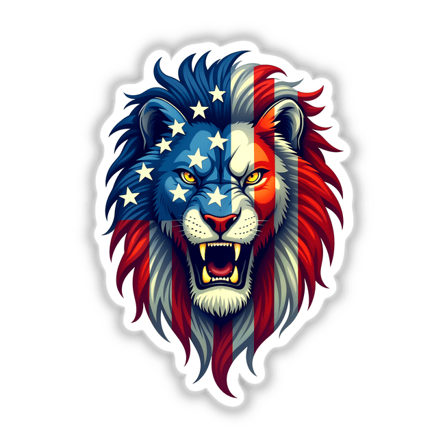 A Cool American Flag Lion illustration featuring a lion adorned with stars and stripes, available as stickers or digital artwork from Decal Venue.