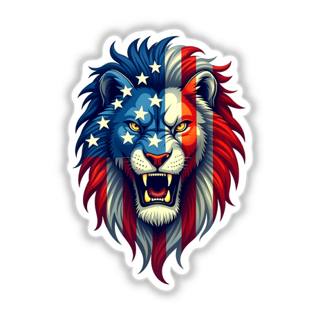 A Cool American Flag Lion illustration featuring a lion adorned with stars and stripes, available as stickers or digital artwork from Decal Venue.