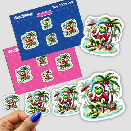 Green Grouch Tropical Santa Relaxing on Beach sticker pack, featuring cartoon characters lounging on a beach chair, held by a hand. Available as stickers or digital artwork.