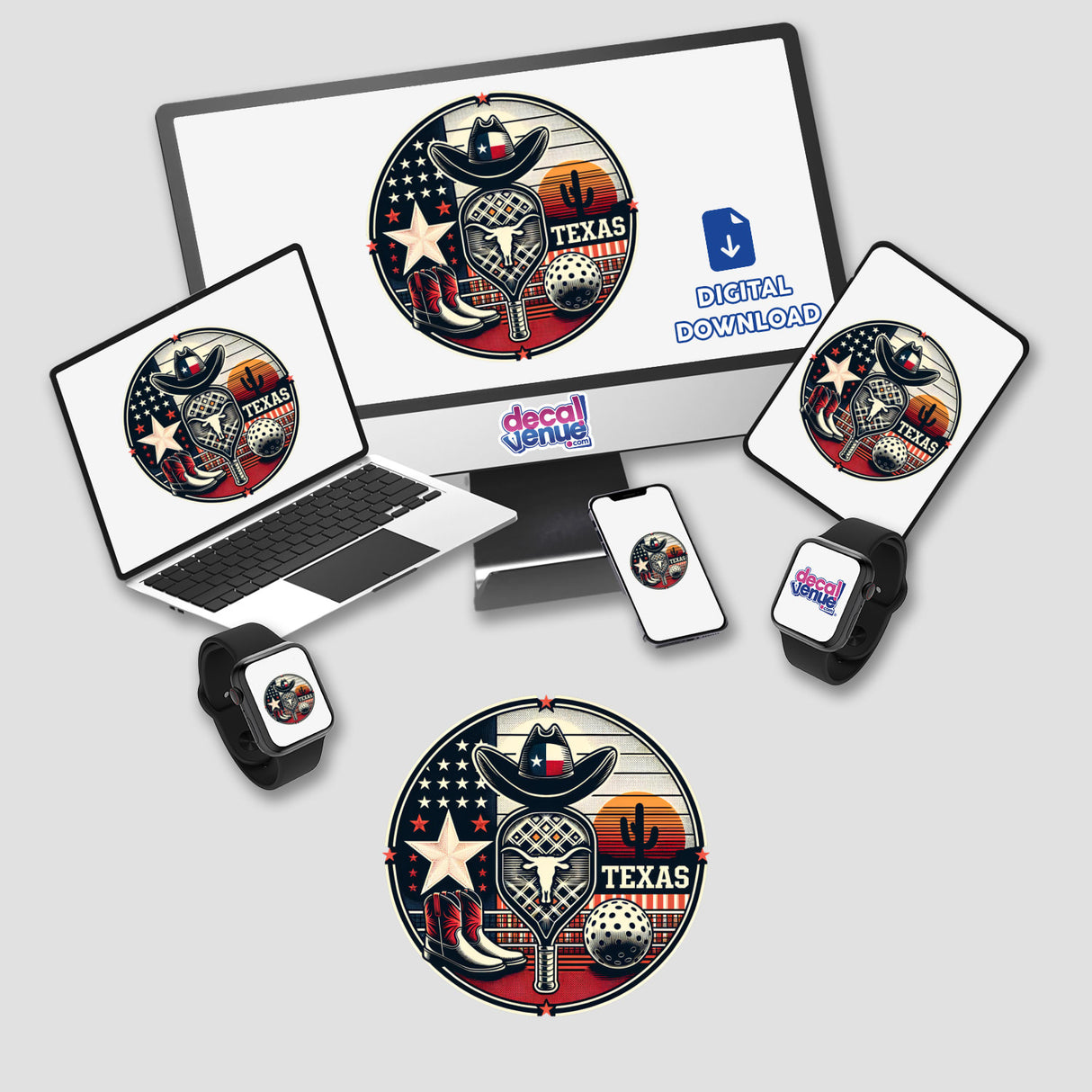 Texas Pickleball Theme featuring boots, a cactus, star, and cowboy hat displayed on a computer monitor and laptop screen, emphasizing unique vinyl stickers or digital artwork from Decal Venue.