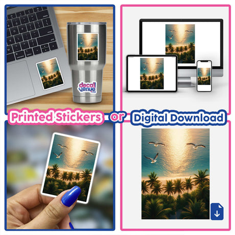 Sunset Over Tropical Beach – Palm Trees and Flying Seagulls: A digital artwork collage featuring a laptop displaying beach scenes, including palm trees and birds, available as stickers or digital downloads.